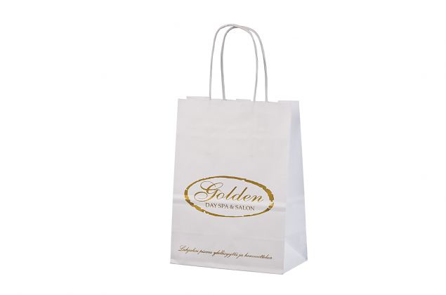 Hyvin suunniteltu valkoinen paperikassi. Minimitilausm��r� omalla painatuksella alkaa vain 50 kap