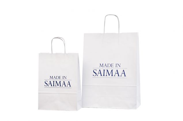 Hyvin suunnitellut valkoiset paperikassit kest�v�ll� laadulla. Minimitilausm��r� omalla painatukse