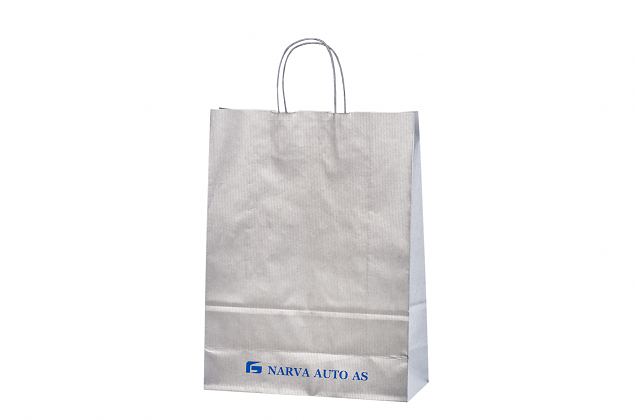 Vankka ja kest�v� hopeanv�rinen paperikassi. Voidaan r��t�l�id� omalla logolla. Minimitilausm��r� 