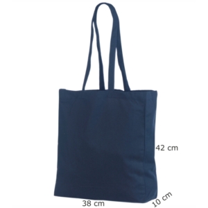 Mørkeblått handlenett med bred bunn. Mål: 38x10x42 cm