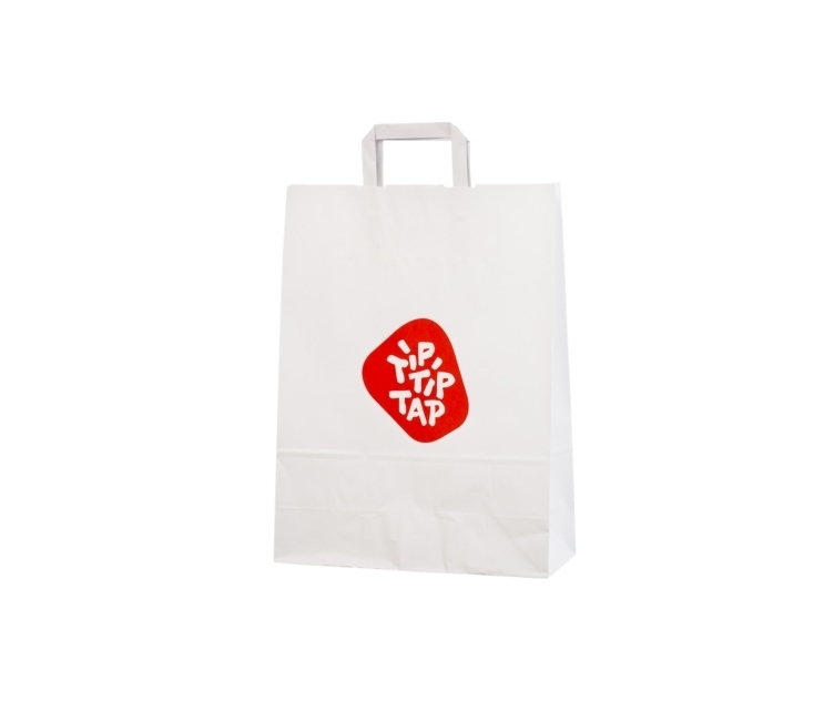 Hvite papirposer med flat hank og moderne design