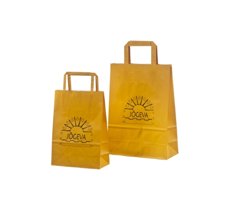 Oransje papirposer med flat hank og stilfullt trykk