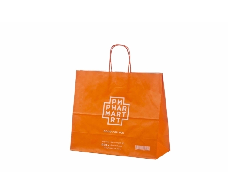 Oransje papirposer med bedriftslogo